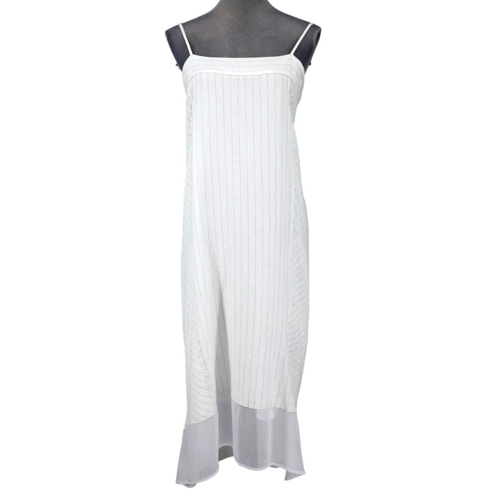 DKNY Dress Womens Large White Gray Stripe Linen Blend Maxi Sundress Sheer Hem